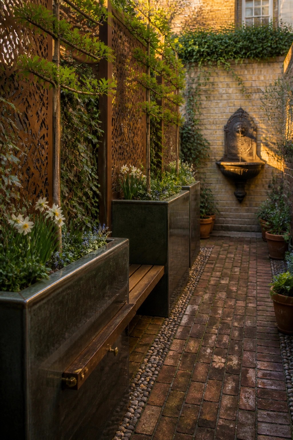 Narrow brick courtyard with metal planters, wooden bench, and stone wall fountain.