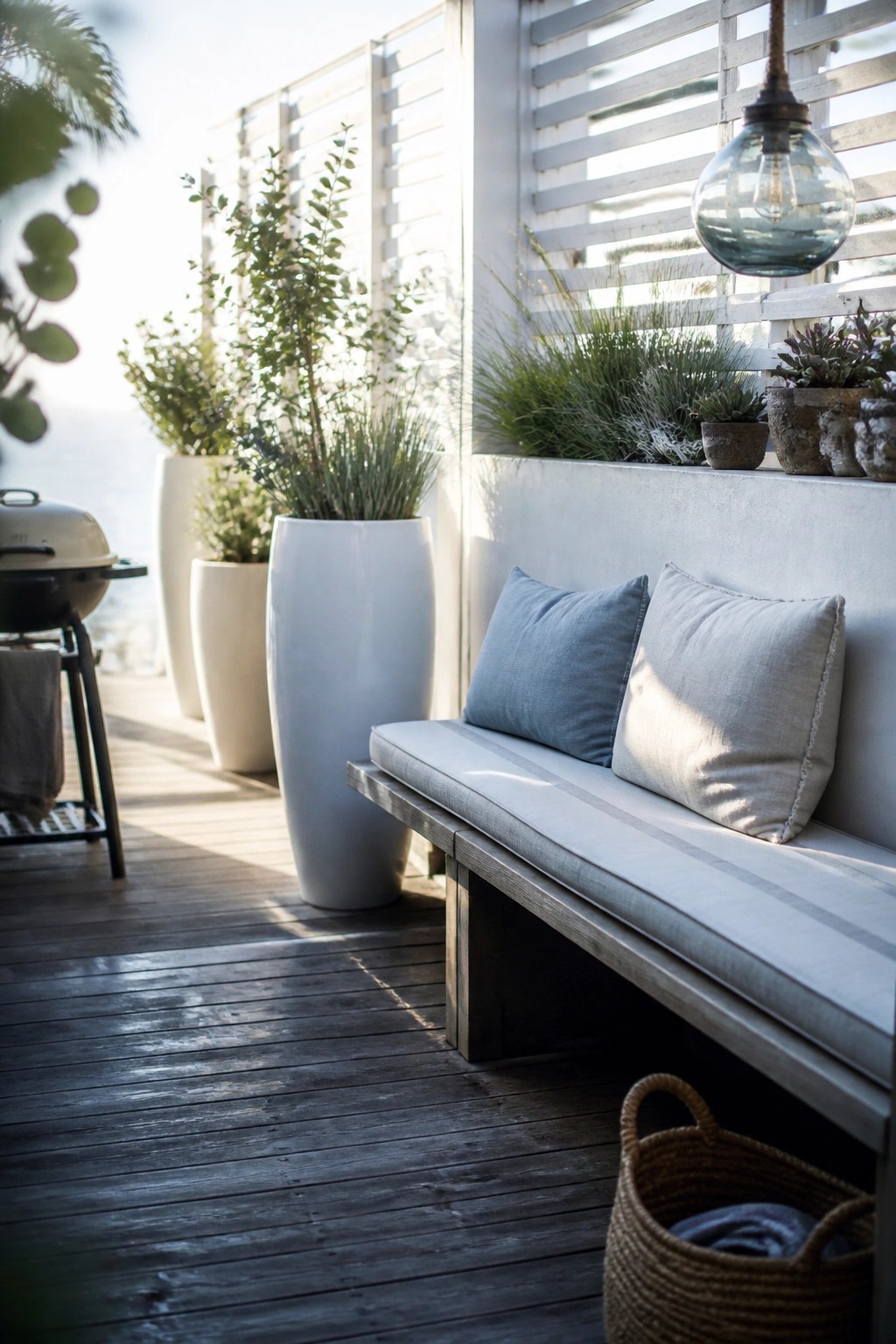 A wooden deck patio features a long built-in bench with blue and beige cushions, several tall white planters with green plants along the side, and a slatted wall with smaller pots on top.