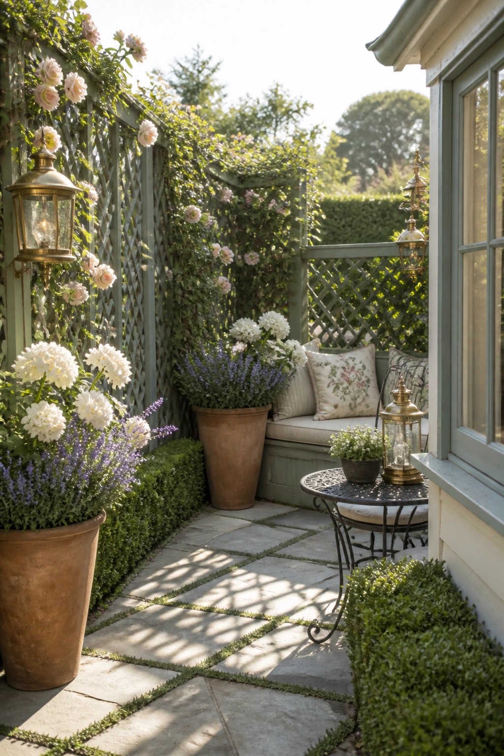 A stone patio corner enclosed by a green lattice trellis covered in climbing roses, with a built-in bench holding cushions and surrounded by large terracotta pots of white flowers and lavender.