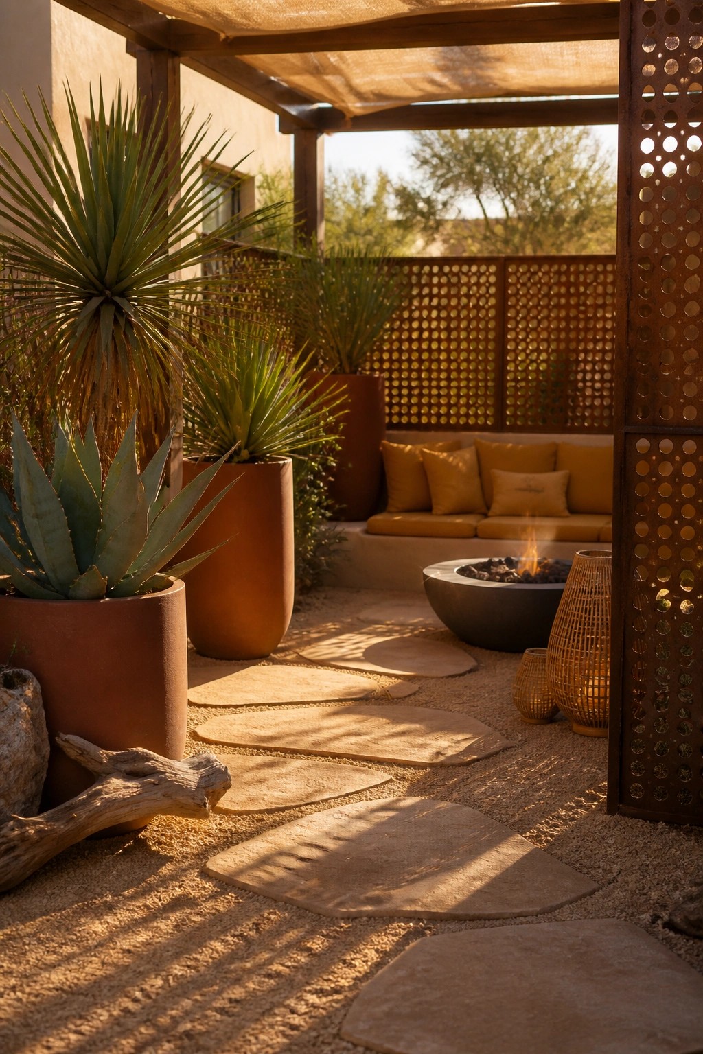 A patio with stone stepping stones leading to a circular fire pit, built-in bench with yellow cushions, tall terracotta planters holding spiky plants, and a rusted metal screen with circular cutouts on the right.