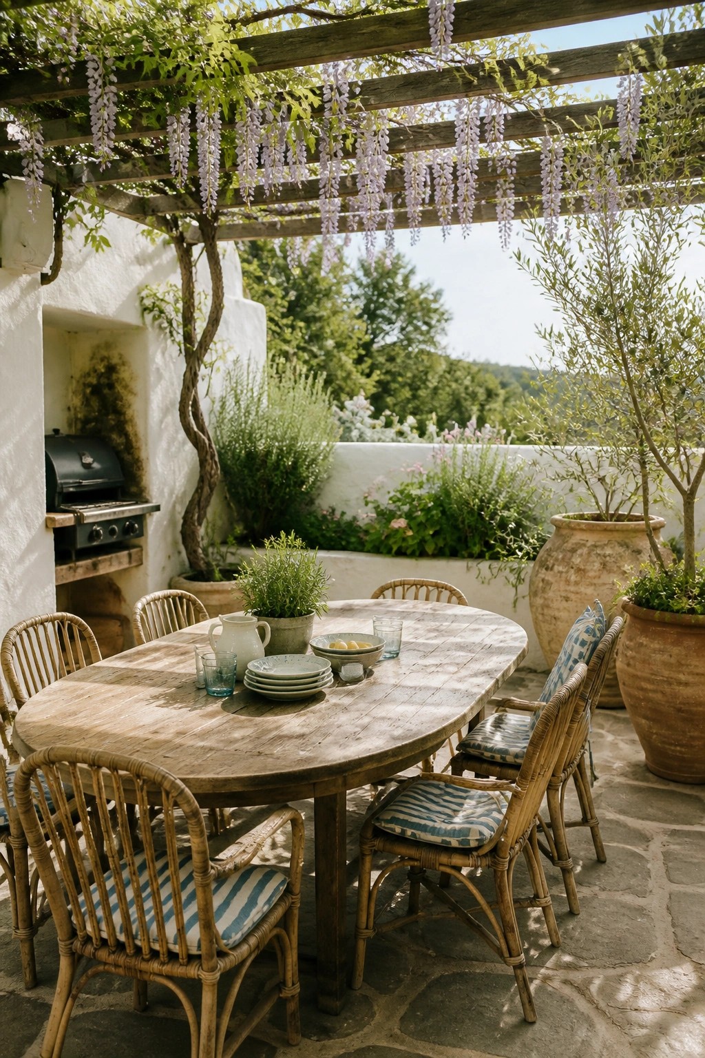 A wooden pergola with hanging wisteria blooms shades an oval wooden dining table and wicker chairs on a stone patio beside a white wall with a built-in grill.