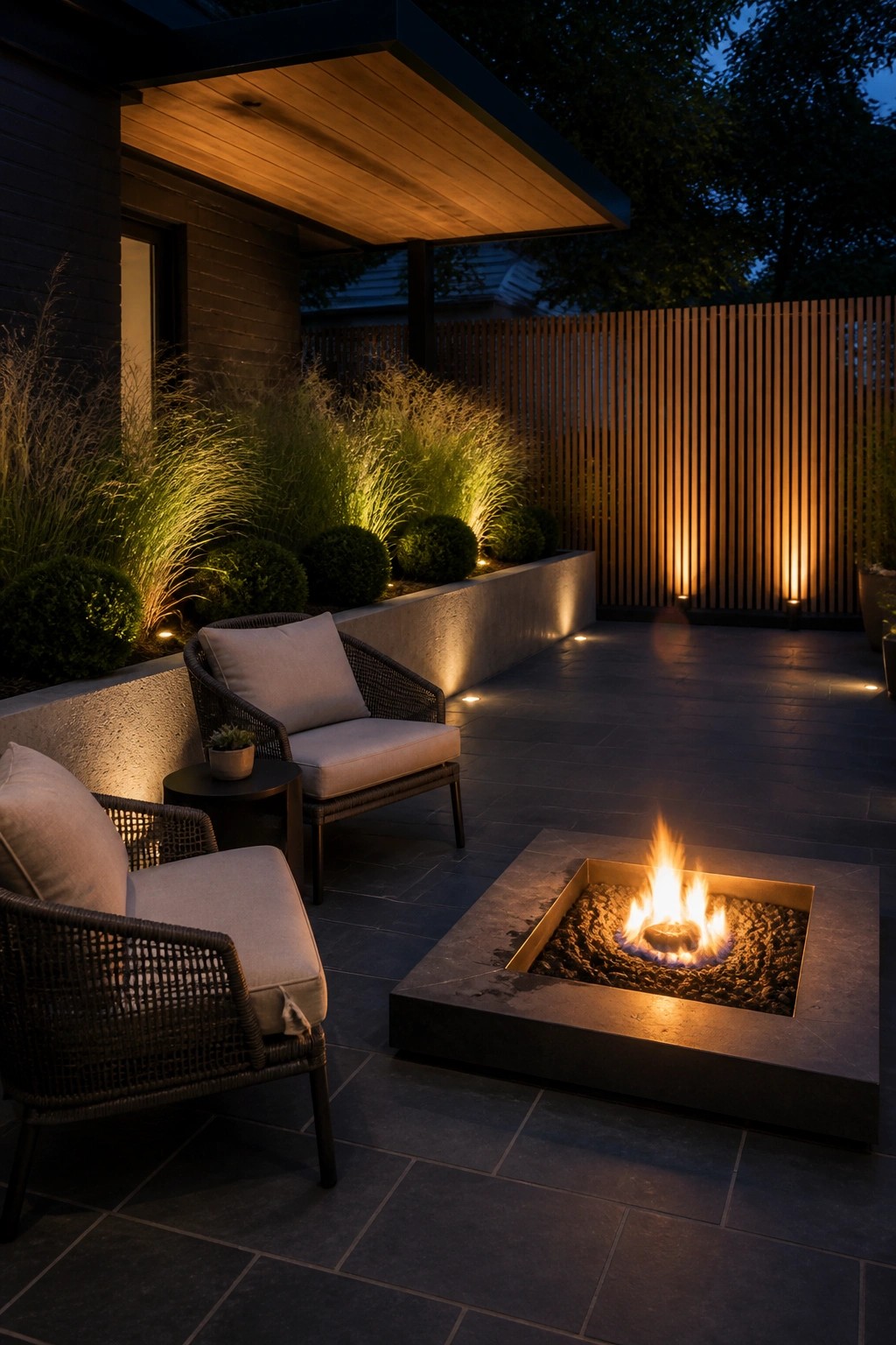 A square stone fire pit with a lit fire sits on a dark tiled patio, with two cushioned woven chairs nearby and a raised garden bed with grasses and shrubs illuminated by low lights.