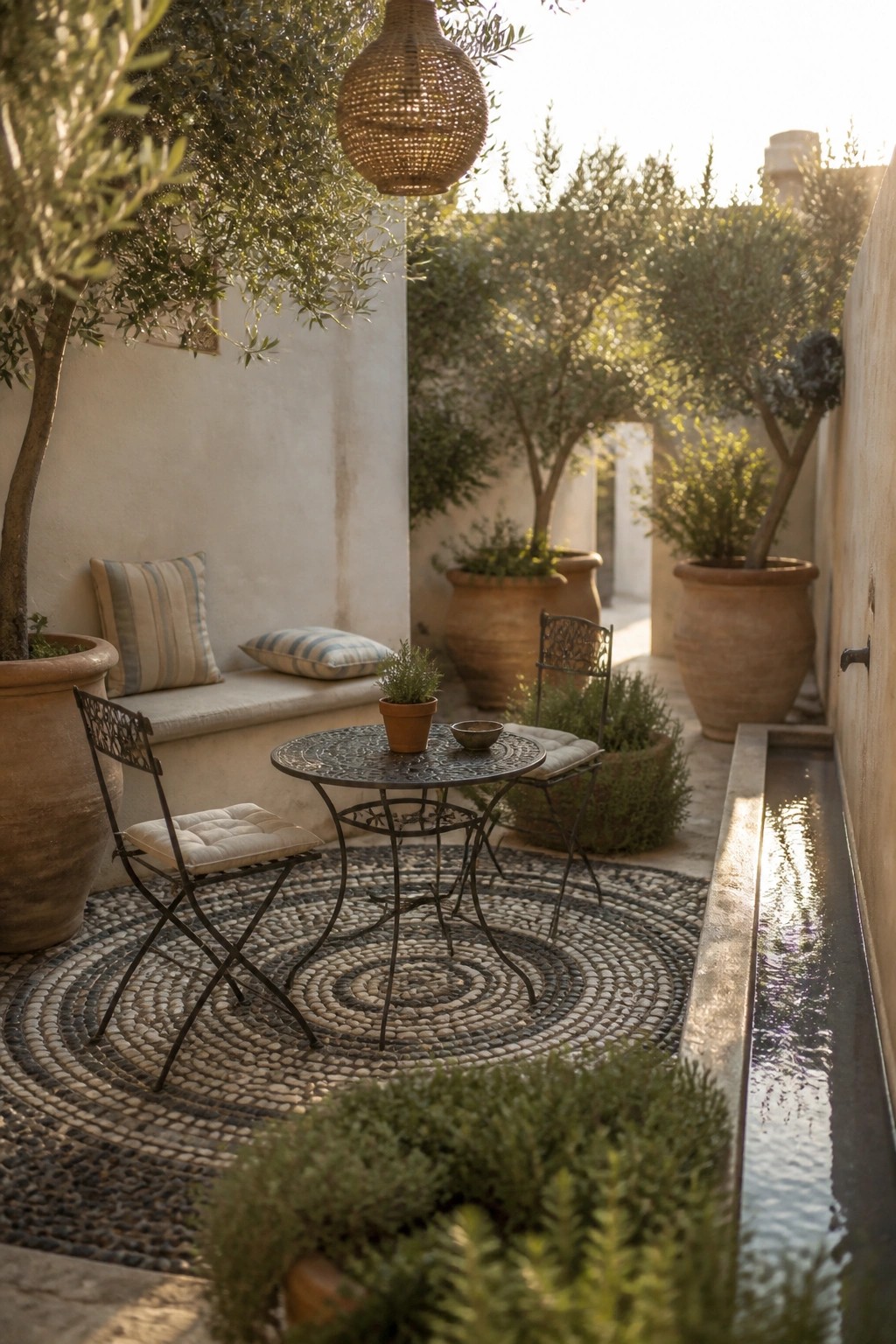 A small courtyard patio with a round pebble mosaic rug holding a metal table and two chairs, surrounded by large terracotta pots, olive trees, and a narrow water channel along one wall.
