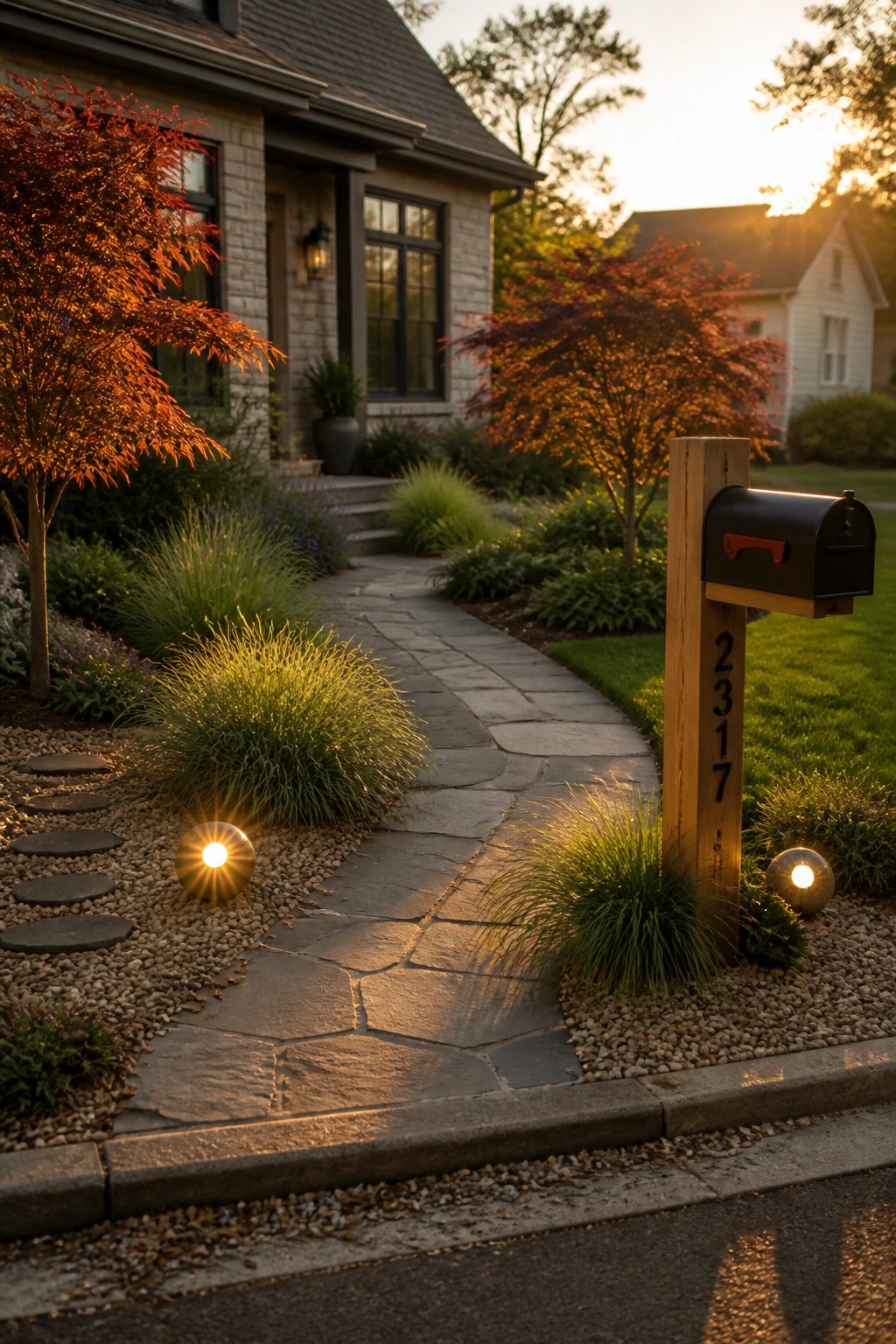A curved flagstone path bordered by gravel beds, ornamental grasses, and round lights leads toward a brick house with red-leafed trees nearby.