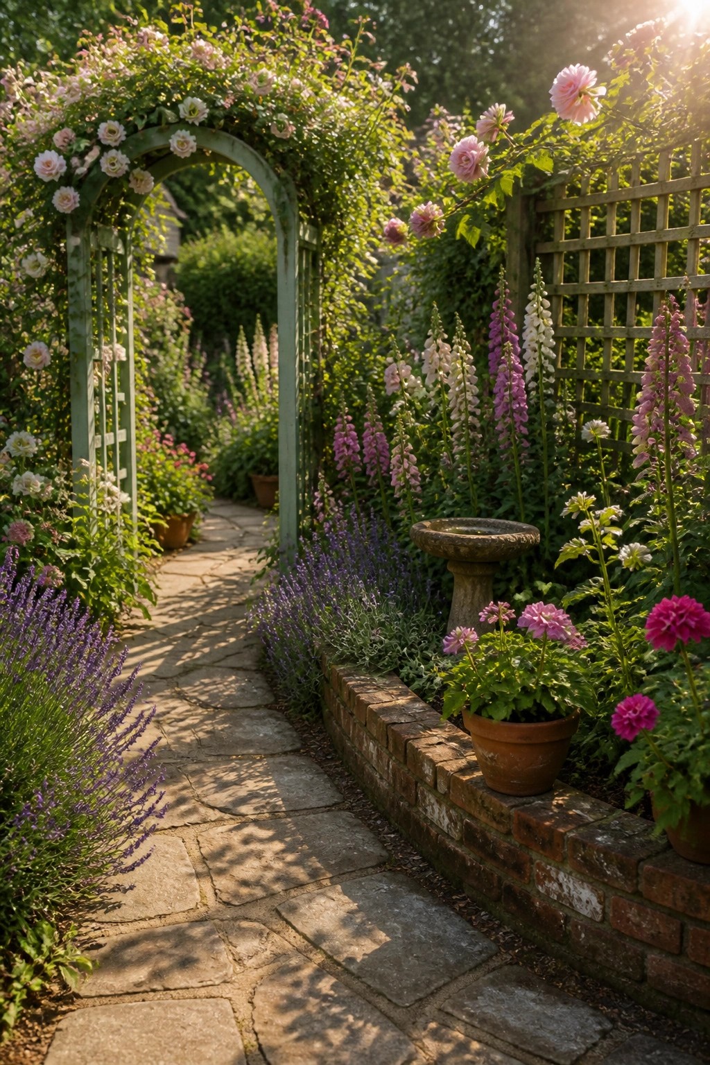 A stone garden path bordered by low brick edging runs beneath a rose-covered arch, with foxgloves, lavender, and potted flowers along the sides.