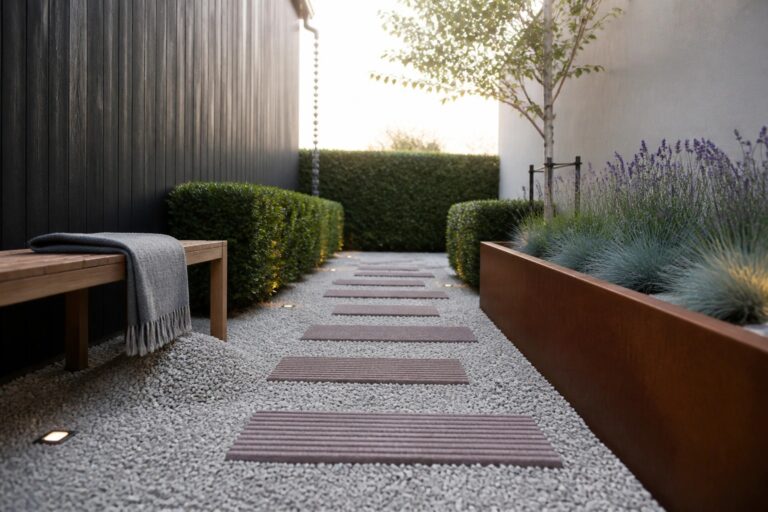 18 Simple Garden Design Ideas for Easy Planting Plans and Clean Outdoor Layouts Modern garden path with stone pavers, wooden bench, gravel, and rusted planters