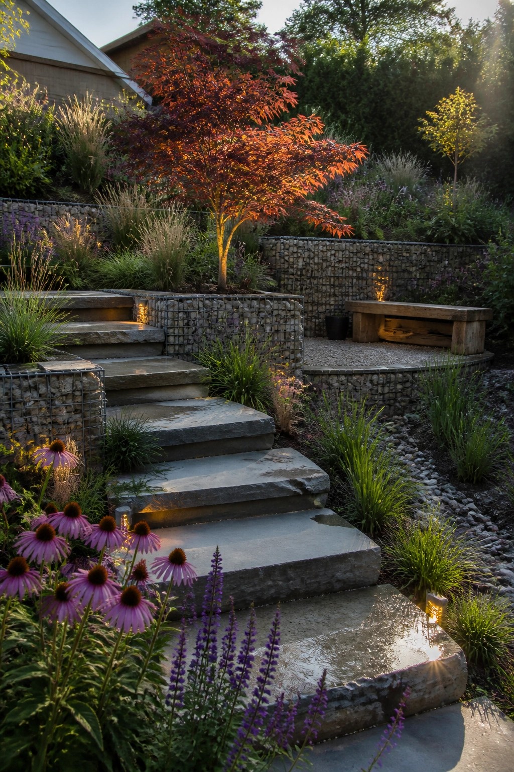 Stone garden steps bordered by gabion retaining walls filled with rocks, with flowers and plants growing alongside the path.