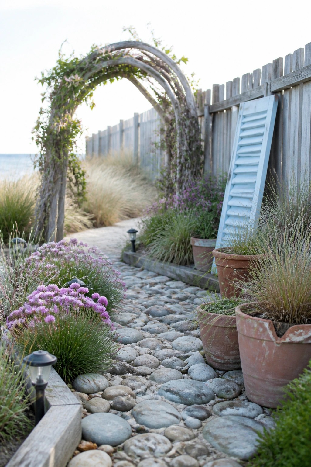 A cobblestone path curves under a vine-covered wooden arch beside terracotta pots and a weathered fence.