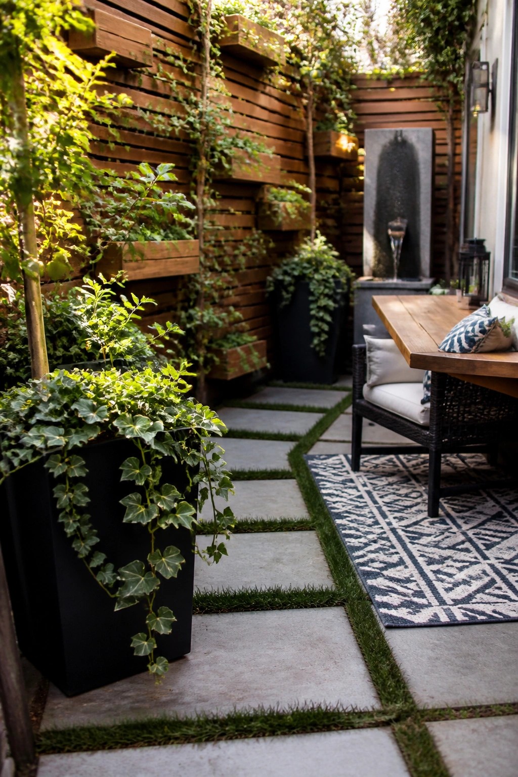 A narrow outdoor walkway of concrete pavers separated by strips of grass, bordered by large black planters holding trailing ivy and other greenery, with a wooden dining table and chairs on a patterned rug to one side.