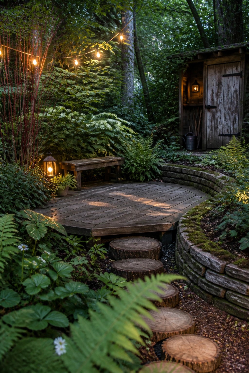 A curving path of wooden log rounds leads through ferns and greenery to a wooden deck beside a mossy stone wall and shed.