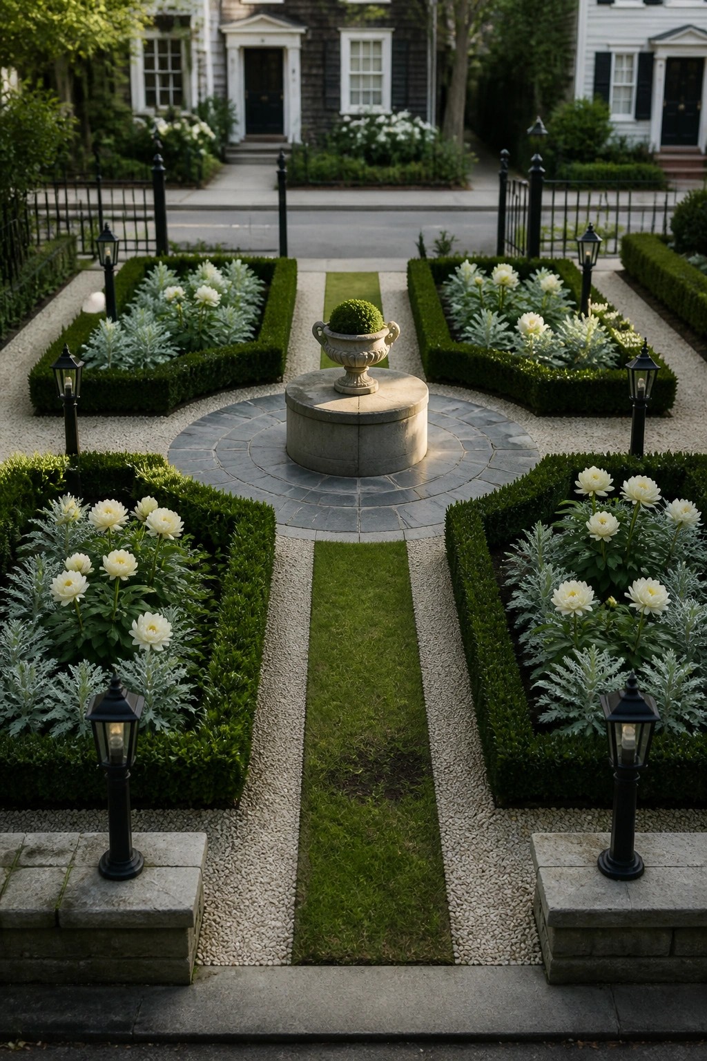 A formal garden with gravel paths surrounding rectangular beds edged in low hedges, white flowers, a long central grass path, and a circular stone area with an urn in the center.