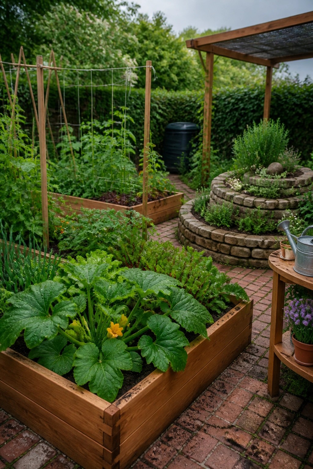 A garden scene showing multiple wooden raised beds with leafy plants, a brick pathway, and a circular stone planter in the background.