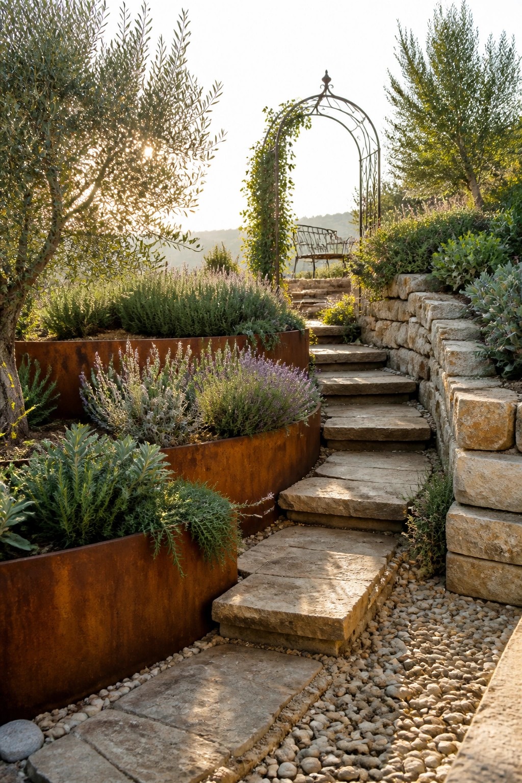 A winding stone path with steps runs beside curved rusted metal planters filled with lavender and shrubs, next to a stacked stone retaining wall.