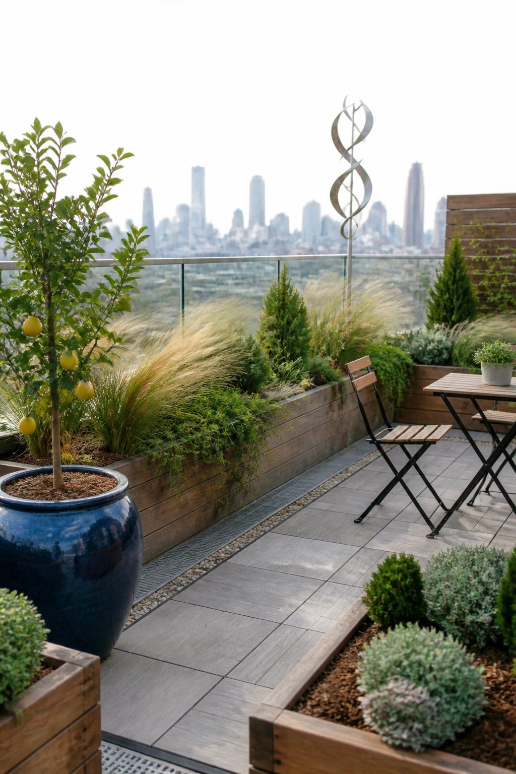 Rooftop patio with lemon tree in blue pot, plants, seating, and city skyline.