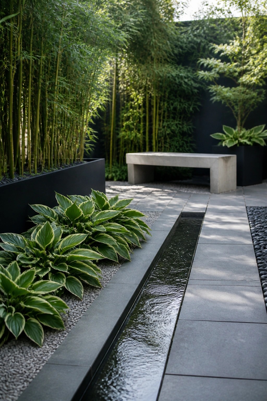 A garden path of gray stone pavers runs beside a narrow linear water channel, with hostas in gravel beds on one side and tall bamboo in black planters on the other, plus a concrete bench in the background.