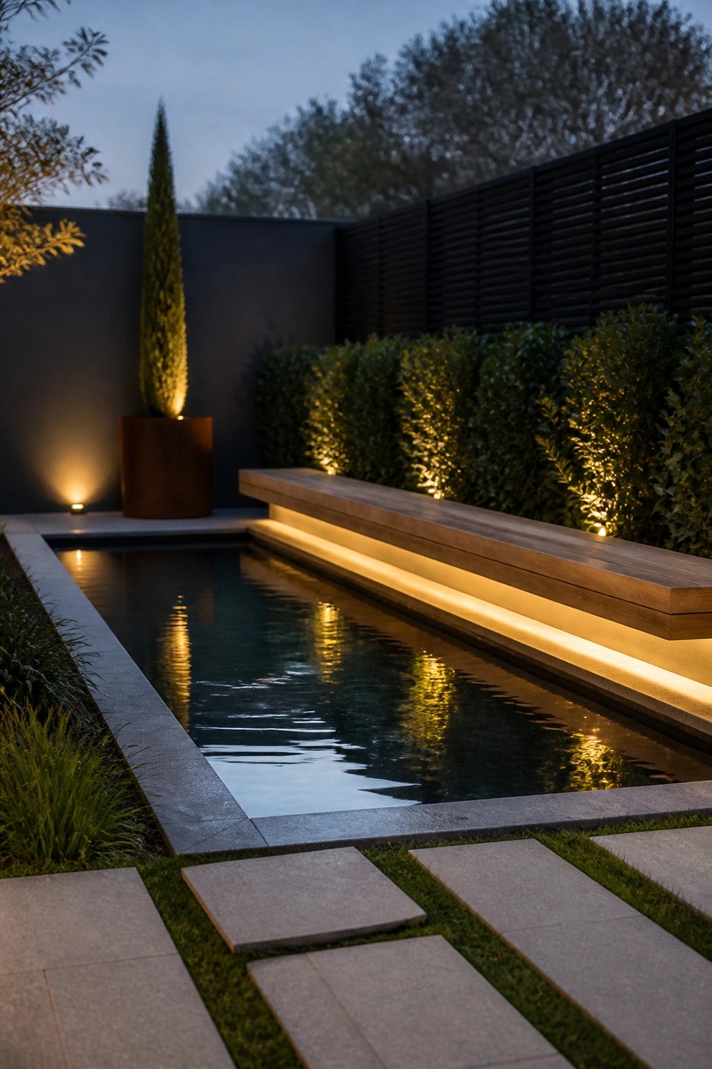 A nighttime garden scene showing a long narrow pool with stone edging, a lit wooden bench along one side, hedges with uplights, a tall tree in a pot, and rectangular stone pavers set in grass in the foreground.