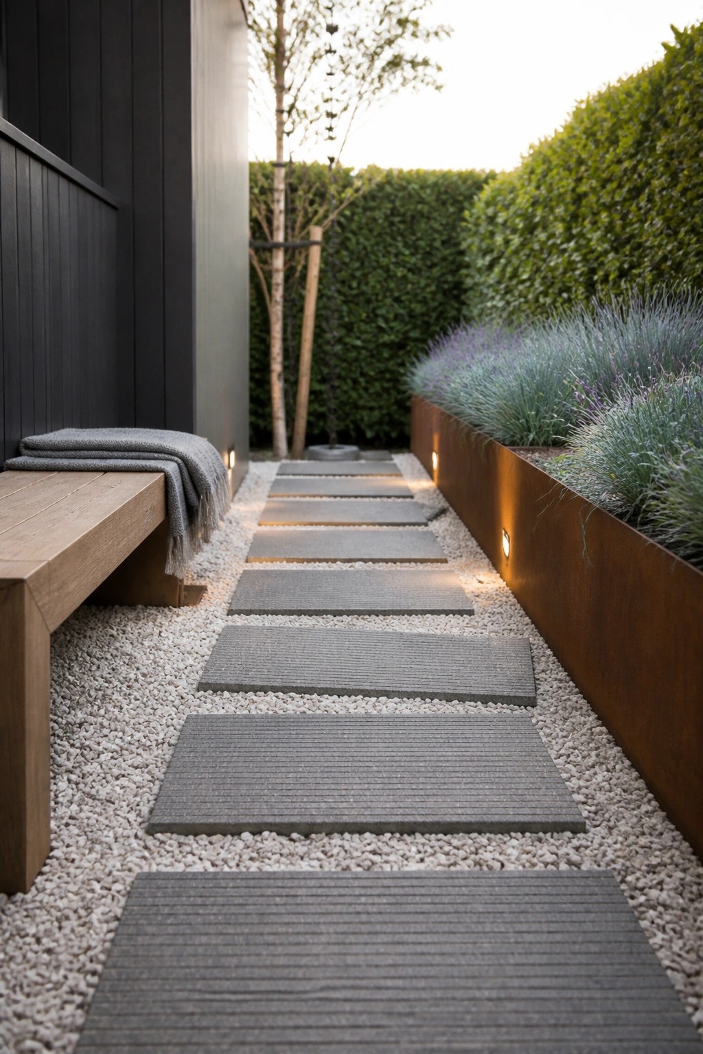 Modern garden path with stone pavers, wooden bench, gravel, and rusted planters