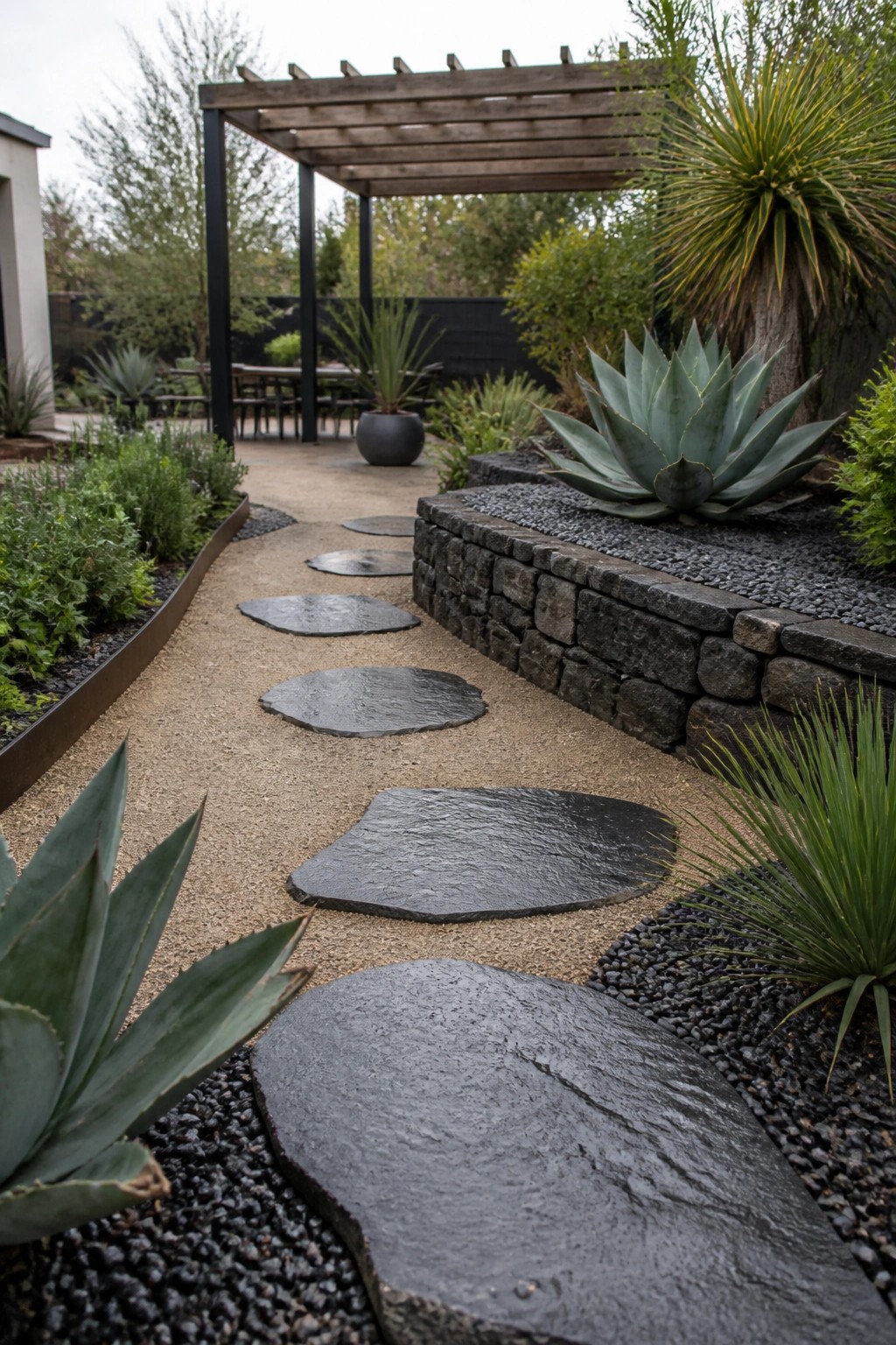 Winding stone path through landscaped garden with agave plants and wooden pergola