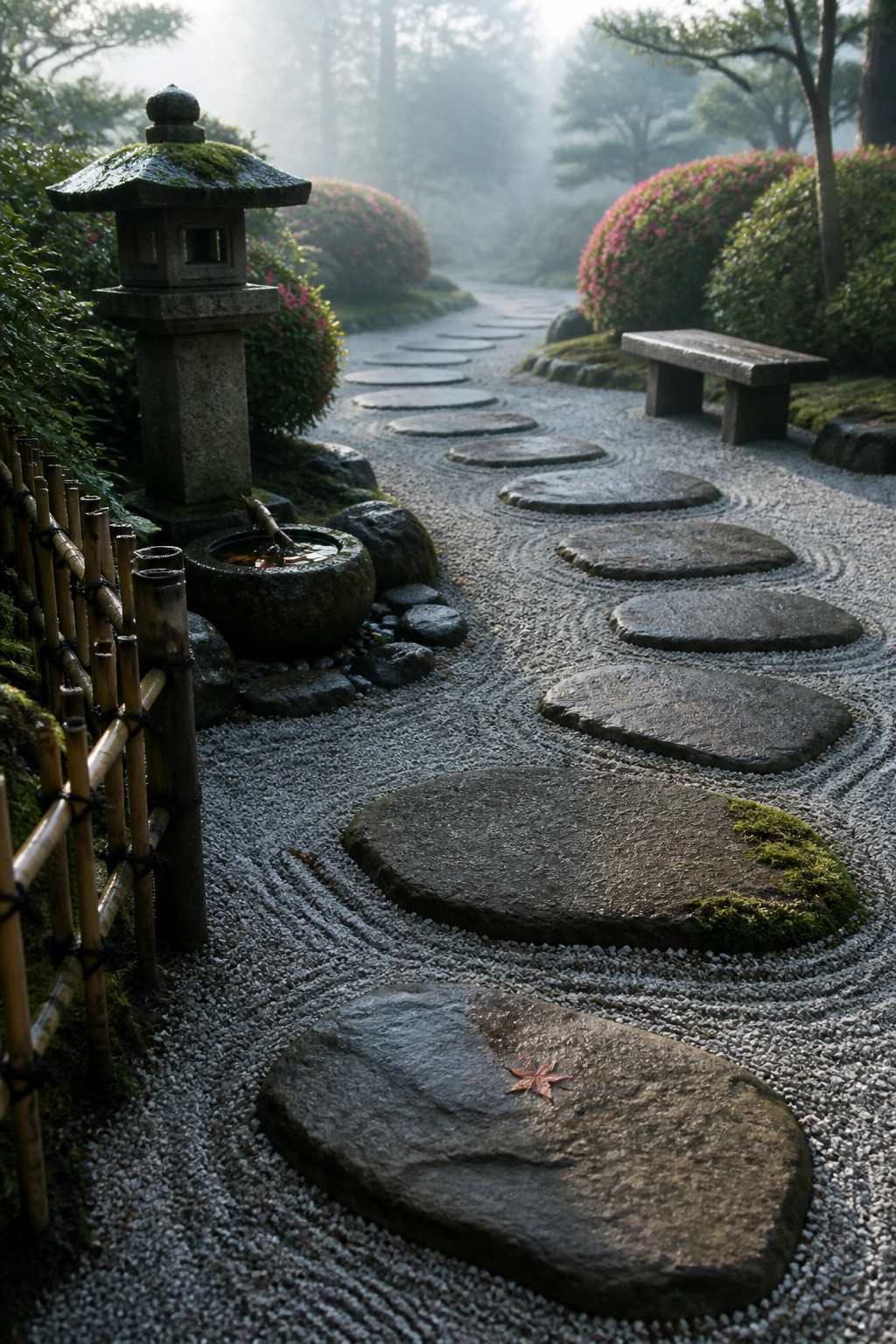 A garden path of large flat stepping stones set in raked gravel beside a bamboo fence and moss-covered stone lantern.