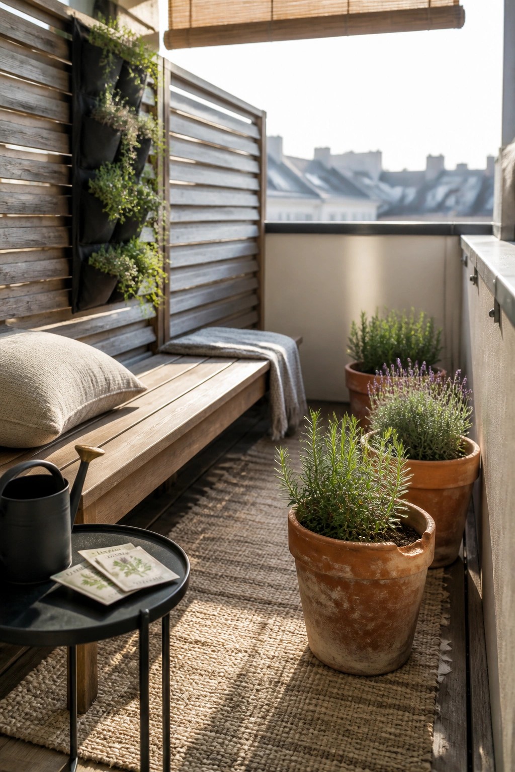 A wooden bench with a cushion sits on a balcony next to terracotta pots and a vertical wall planter with herbs.