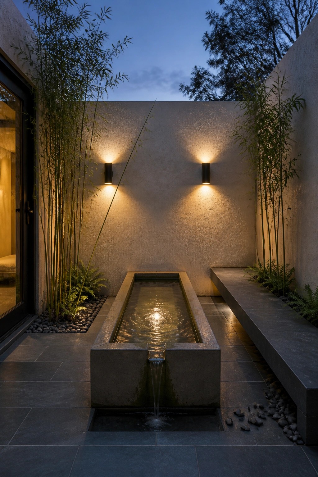 A rectangular concrete water feature with a small waterfall runs down the center of a tiled courtyard, flanked by bamboo and lit by two wall sconces.