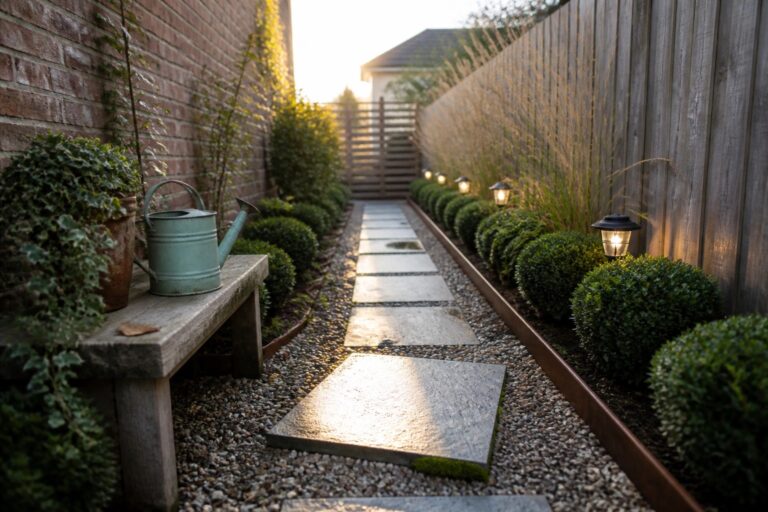 A narrow garden path of large gray stone slabs set in gravel, lined with round green shrubs and a wooden bench on the right.