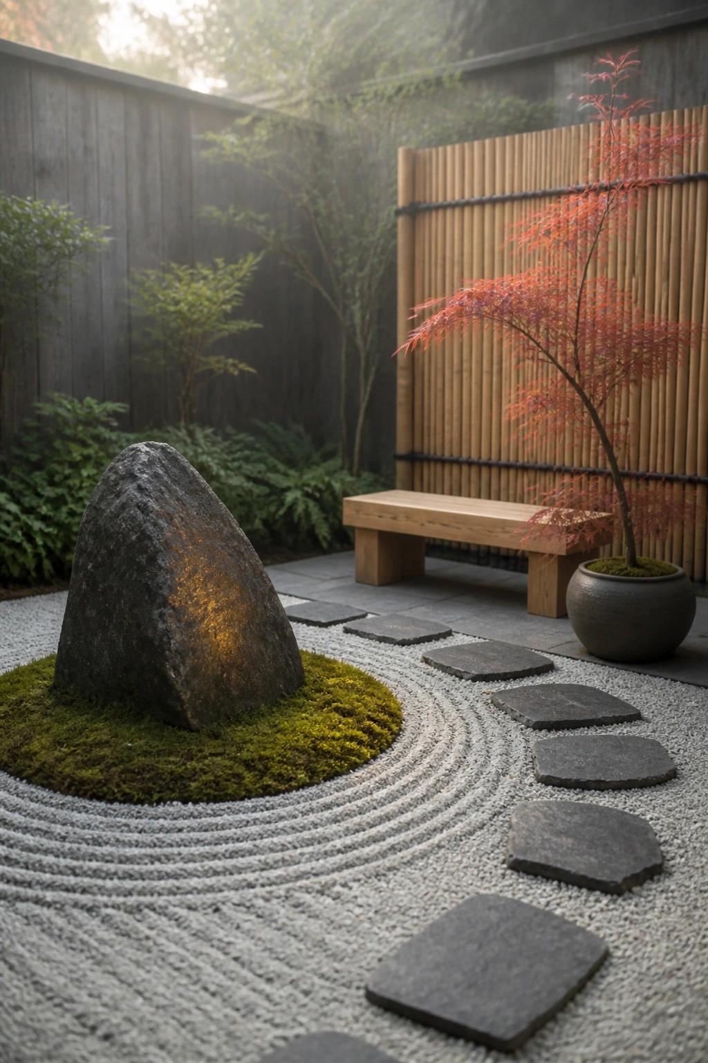 A small enclosed garden features raked light gravel, irregular stepping stones, a large moss-covered boulder, a low wooden bench, and a potted tree with red leaves.