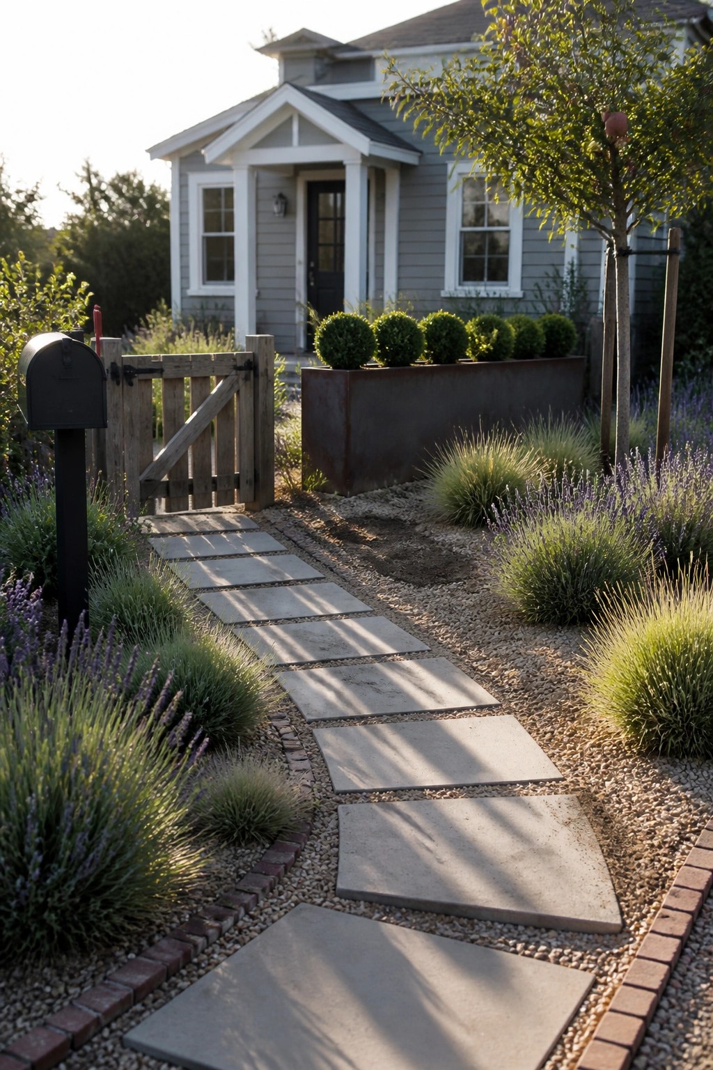 A gravel path lined with rectangular stone pavers leads past lavender and grasses to a gray house with a wooden gate and black mailbox on the left.