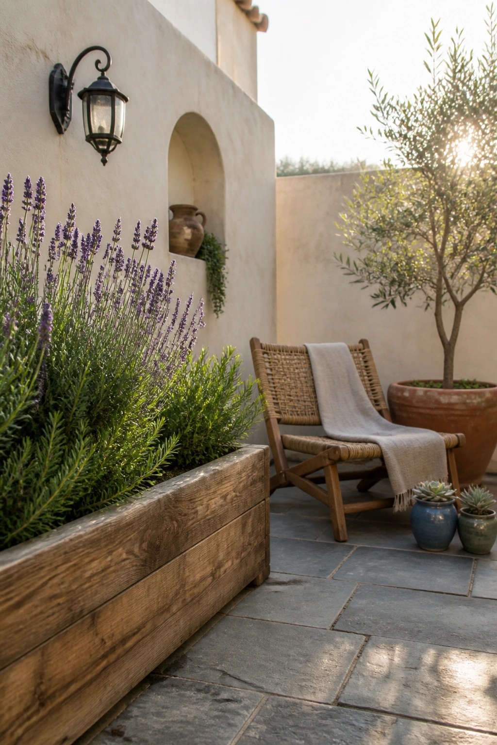 A wooden lounge chair with a light blanket sits on stone pavers beside a raised wooden planter with lavender and rosemary, next to an olive tree in a large terracotta pot and two small succulents in blue and green pots.