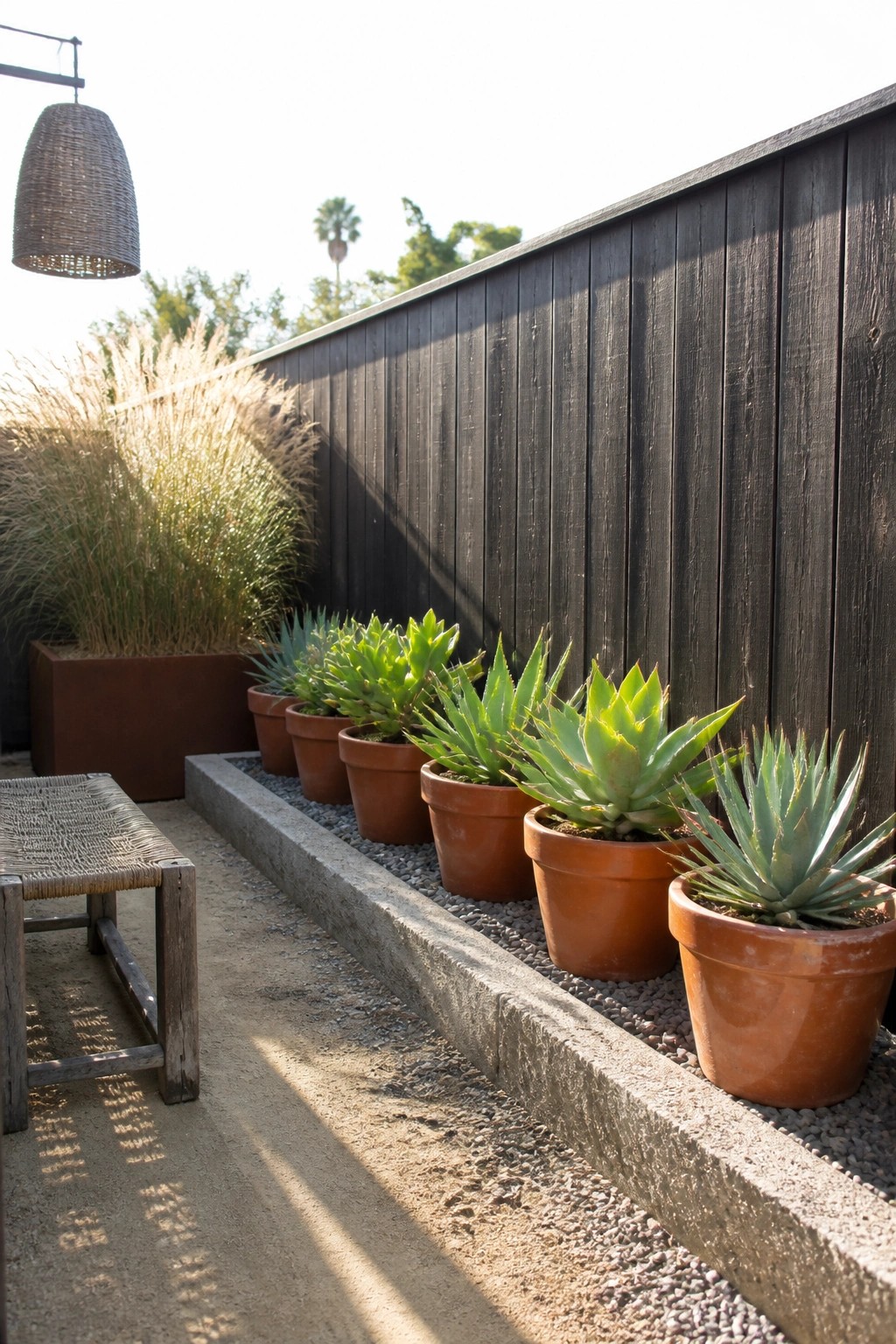 A row of terracotta pots holding agave plants sits in a gravel bed bordered by concrete next to a dark wooden fence, with a woven bench on the left.
