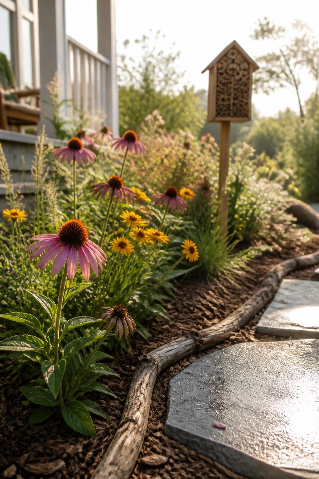 A garden bed bordered by a curved log, planted with purple coneflowers and yellow flowers, beside a stone path with a wooden birdhouse nearby.