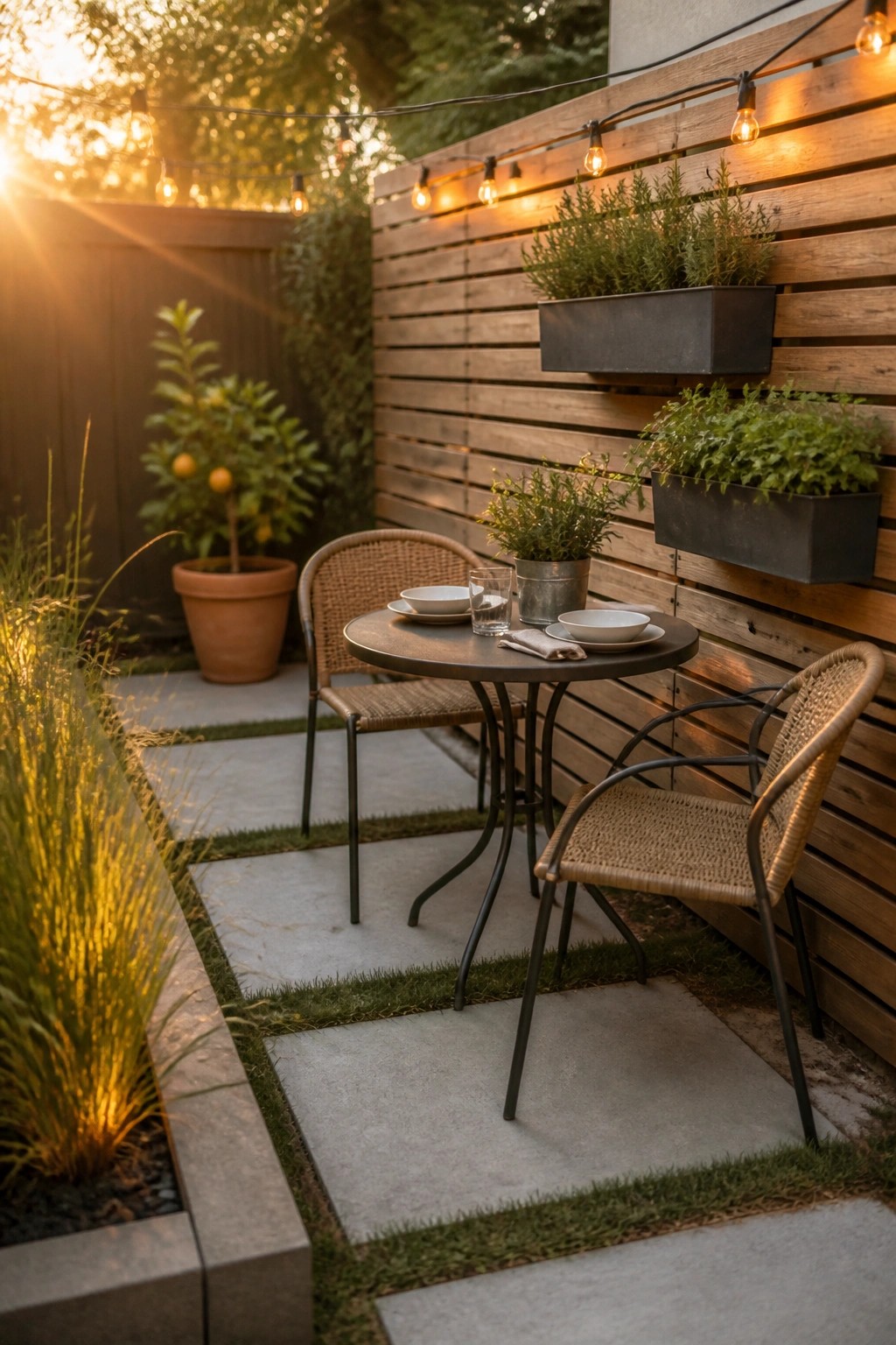 A small concrete patio with a round metal table and two woven chairs sits against a wooden slat wall with two dark rectangular wall planters holding green plants, plus string lights overhead.