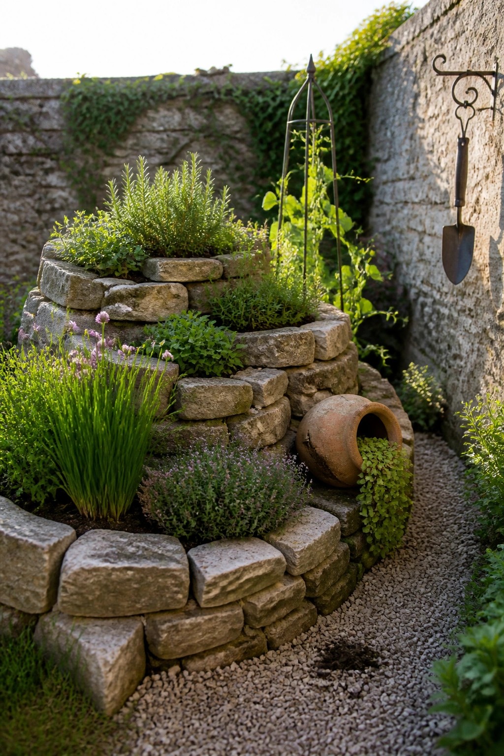 A curved stone raised bed with multiple planting levels holds green shrubs and small flowers beside a gravel path and a weathered stone wall.