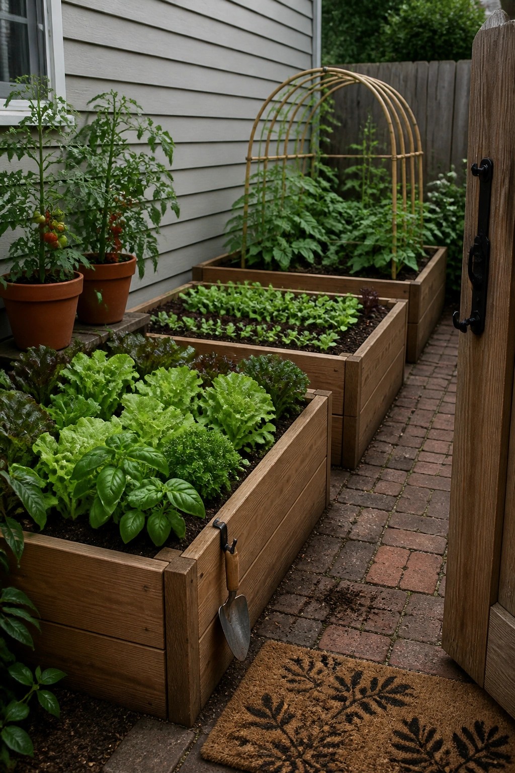 Wooden raised garden beds filled with leafy greens and tomato plants line a brick path beside a house with gray siding.