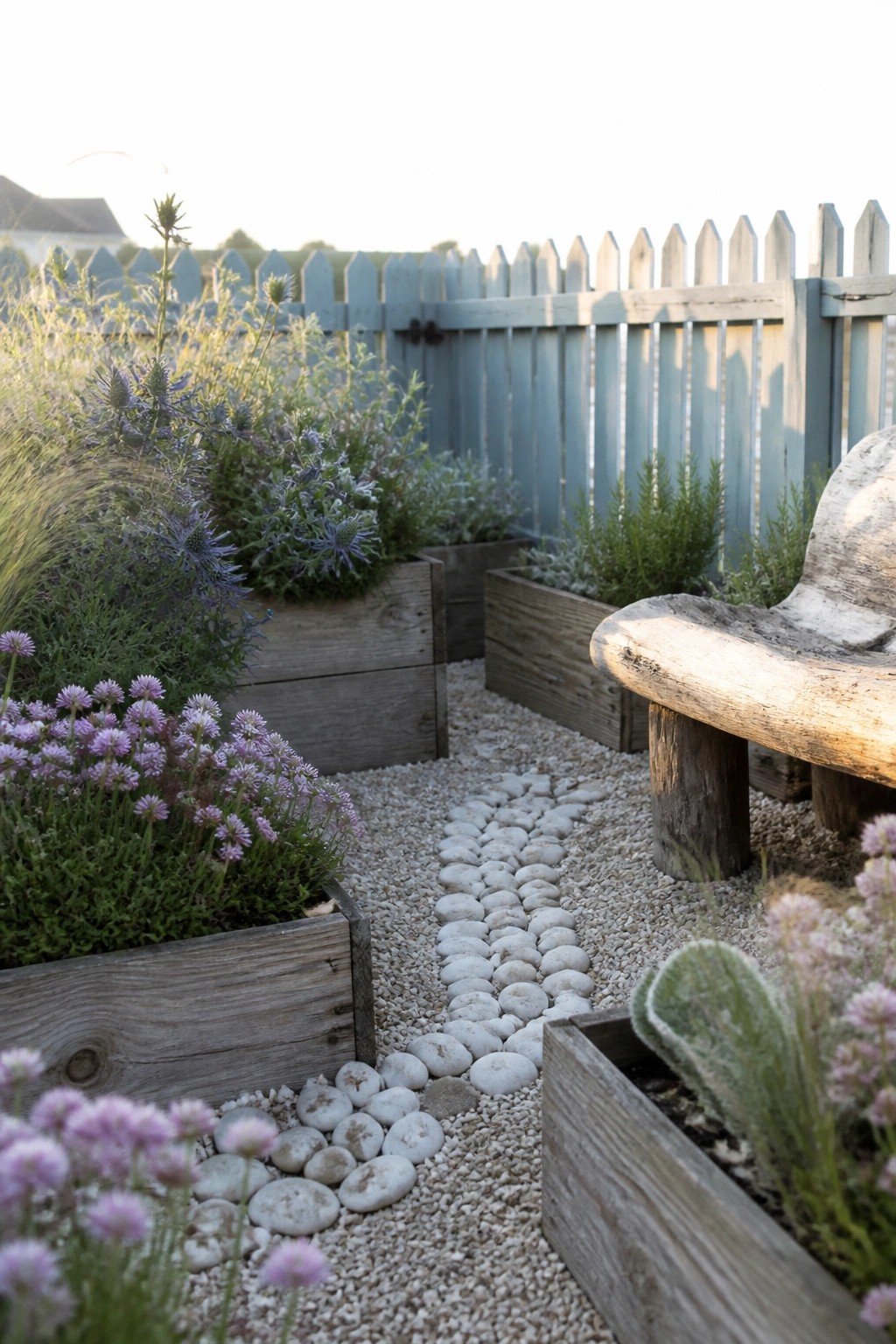 A gravel path runs between weathered wooden raised planters holding purple flowers and green shrubs, with a light blue fence behind and a wooden bench on the right.