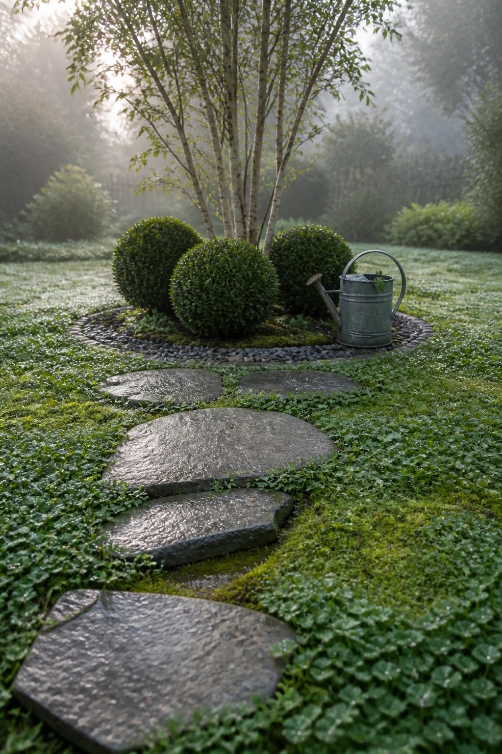 A garden path made of irregular gray stepping stones winds through dense green ground cover toward rounded shrubs and a tree, with a metal watering can placed nearby.