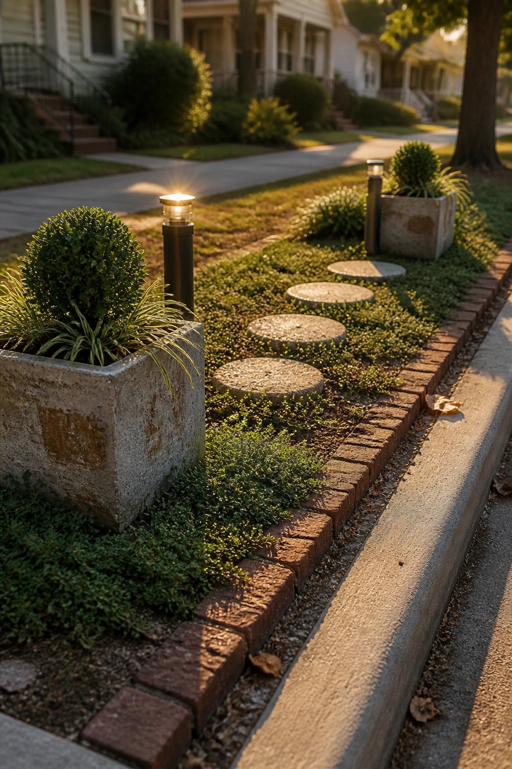 Garden path with stepping stones, brick edging, and glowing lamp post at dusk
