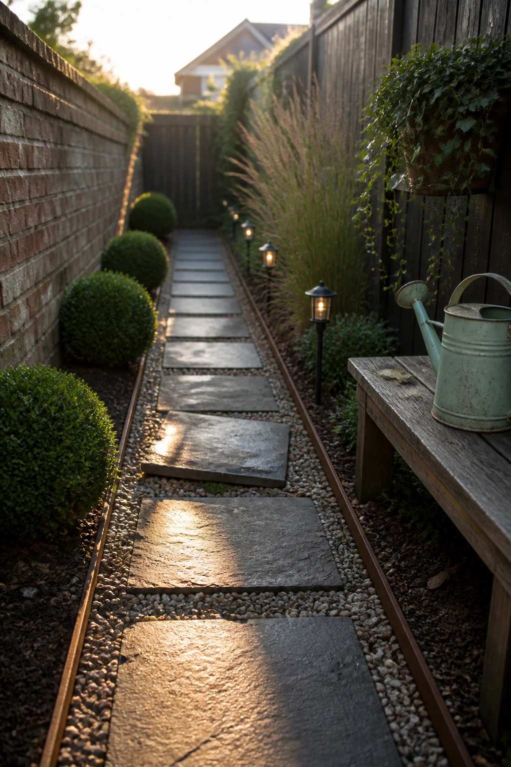 A narrow garden path of large gray stone slabs set in gravel, lined with round green shrubs and a wooden bench on the right.