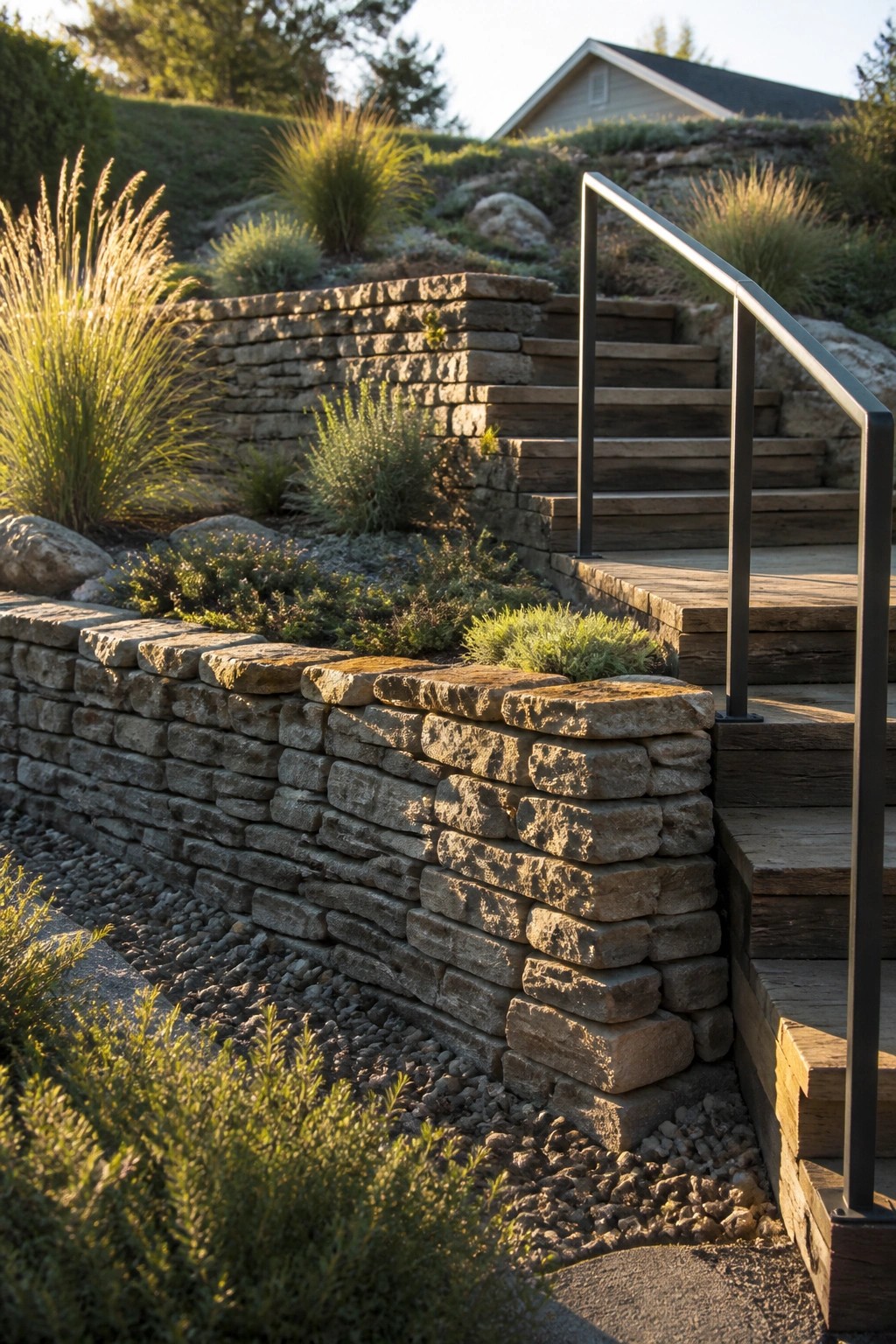 Stacked stone retaining walls form terraced garden beds beside wooden stairs with a metal handrail, with ornamental grasses and gravel ground cover.