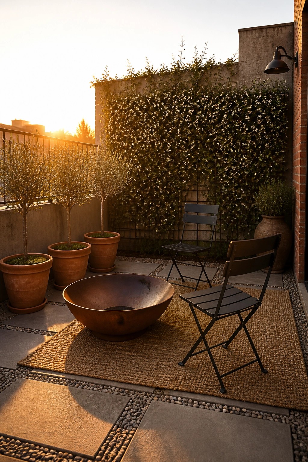 A small patio with a large metal fire bowl centered on a woven rug, two black folding chairs, and terracotta pots with small trees against an ivy-covered wall.