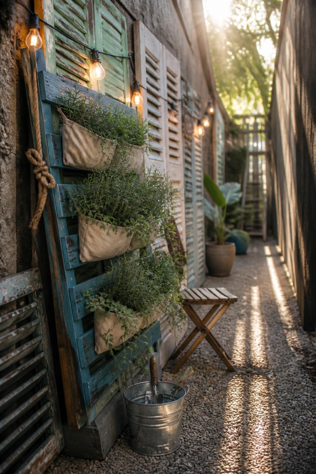 A weathered blue wooden pallet mounted on a wall with burlap pockets holding green plants, next to a metal bucket of tools on a gravel path lined with string lights.