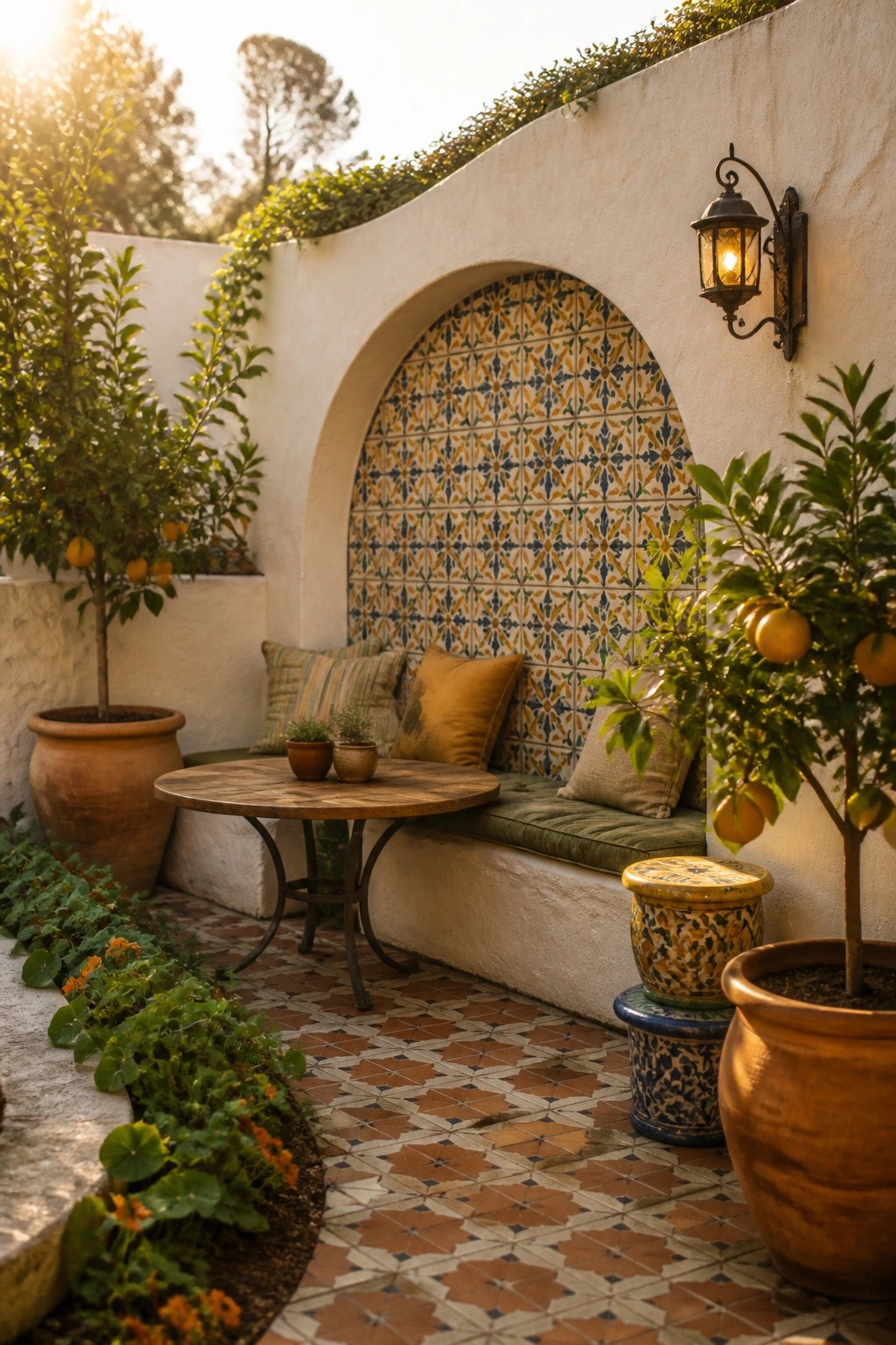 A compact outdoor patio with a built-in cushioned bench under a colorful tiled arch, a round wooden table, and potted citrus trees on patterned tile flooring.