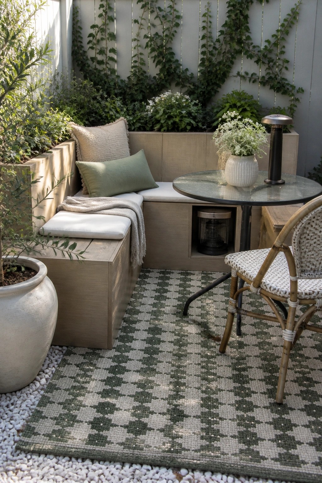 Outdoor patio with built-in wooden bench seating, white cushions, open storage compartment, round table, woven chair, and patterned rug among potted plants.