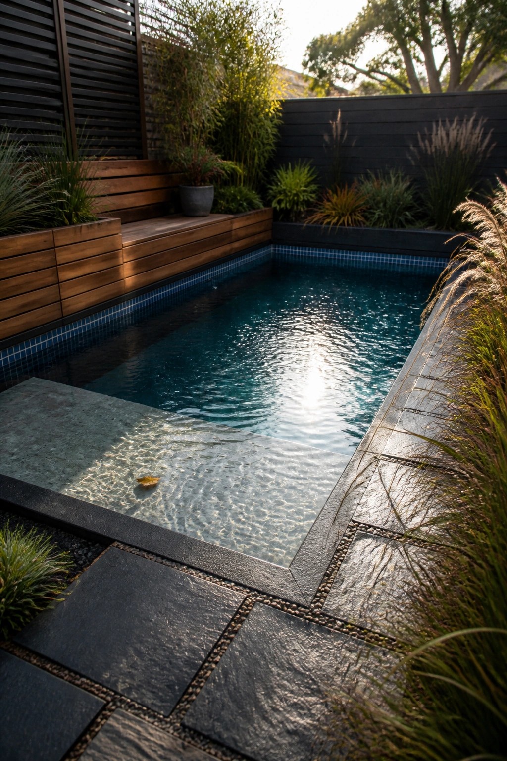 A narrow rectangular pool with blue tile border sits beside a wooden bench and raised planters filled with tall grasses and shrubs in a small paved garden.