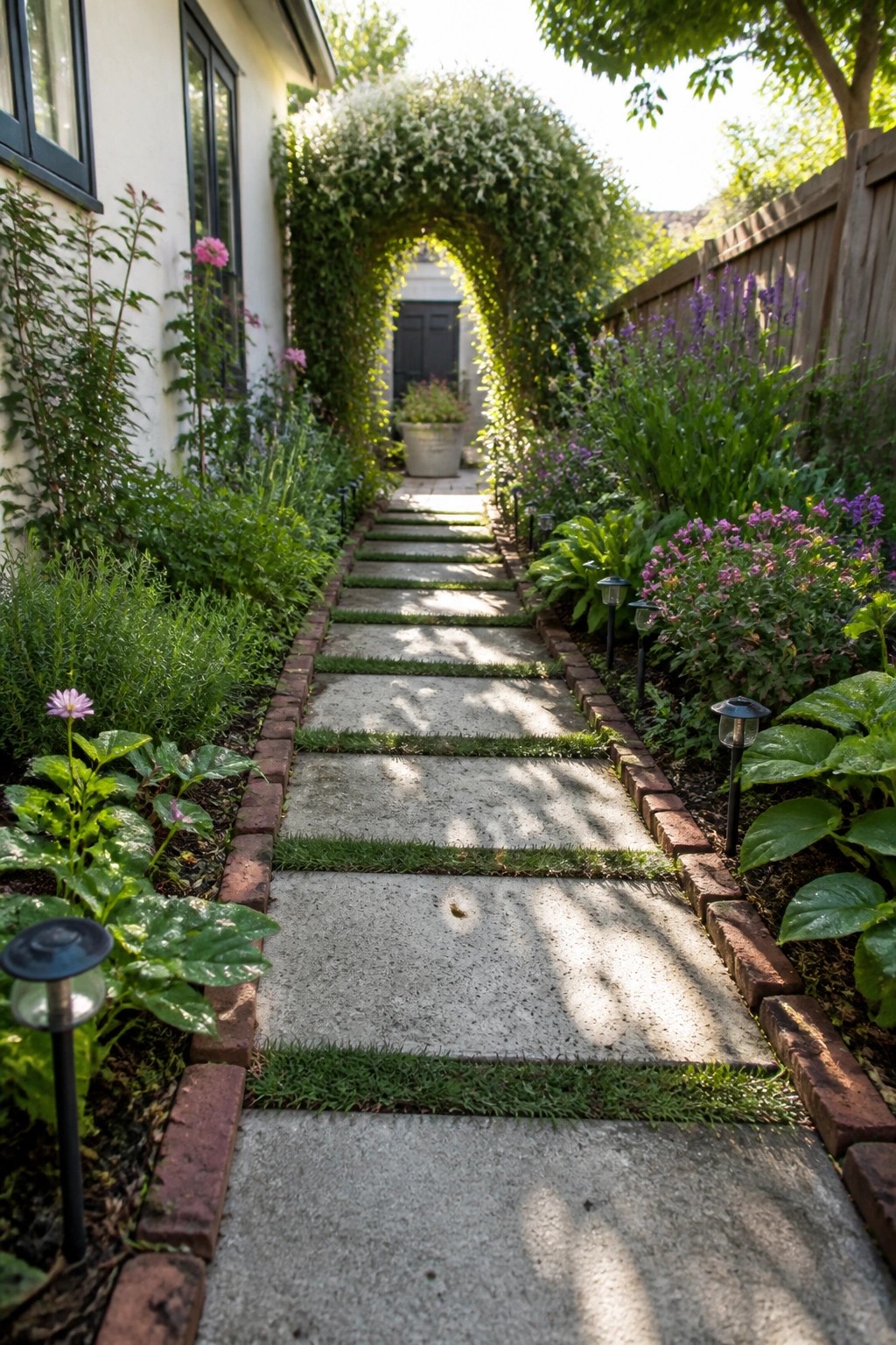 A narrow concrete paver path with brick edging runs between dense flower beds and leads toward a vine-covered arch.
