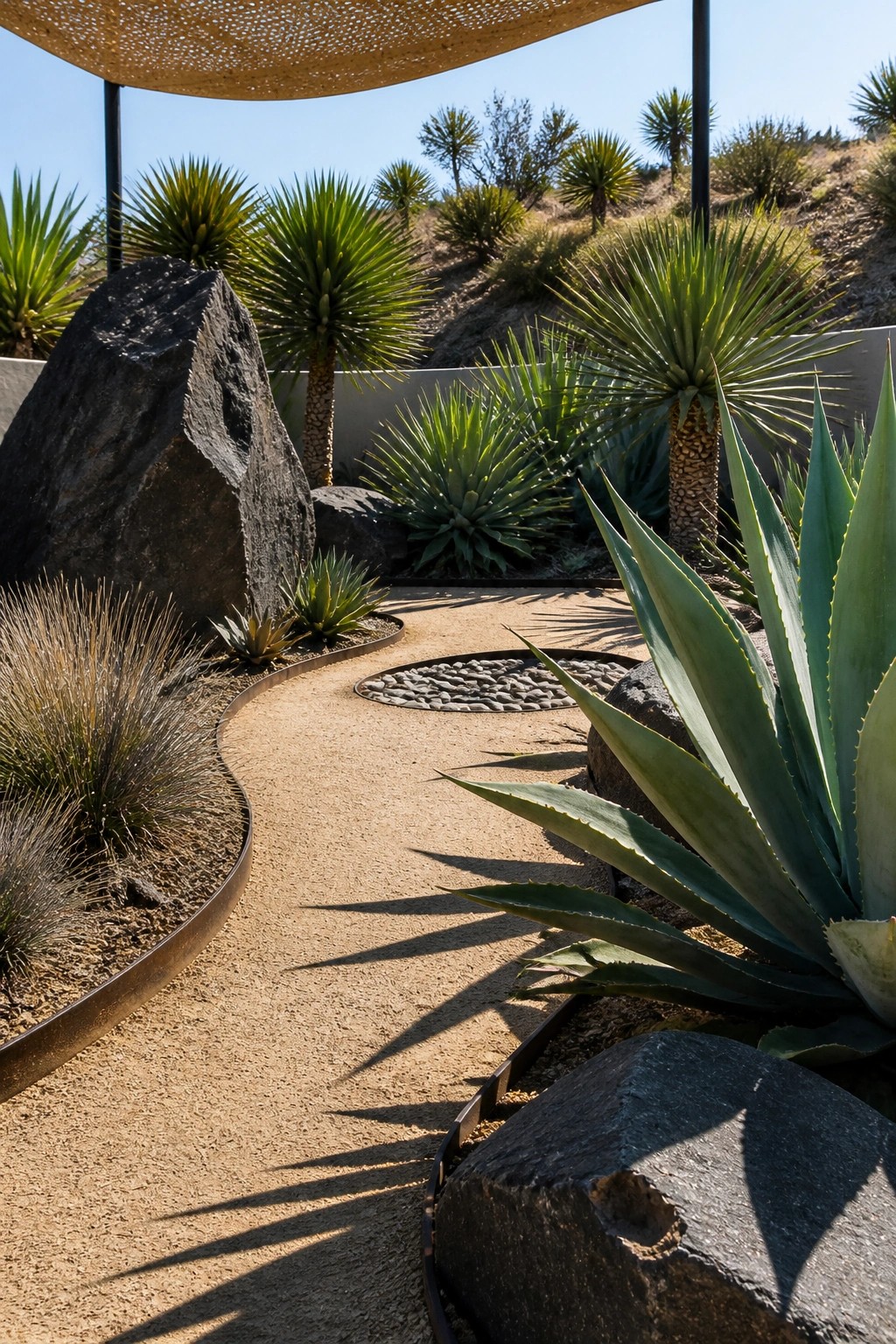 A winding gravel path bordered by metal edging curves through a dry garden with large agave plants, boulders, and circular pebble insets.