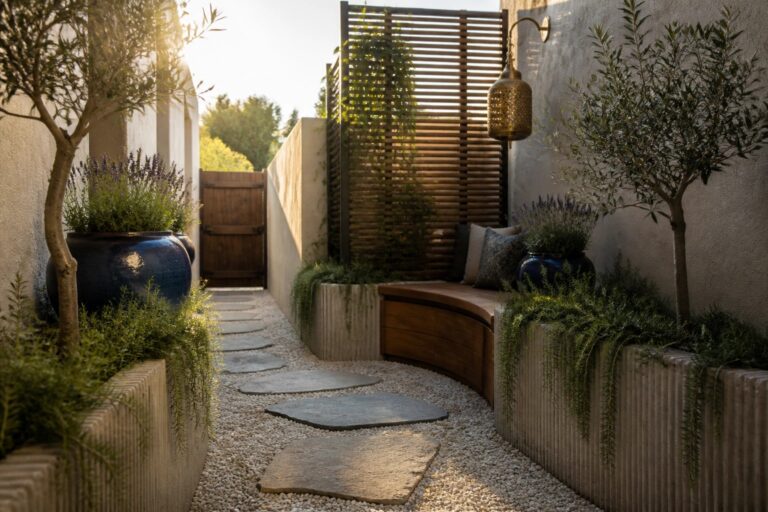 Sunlit garden path with stepping stones, plants, wooden bench and hanging lantern