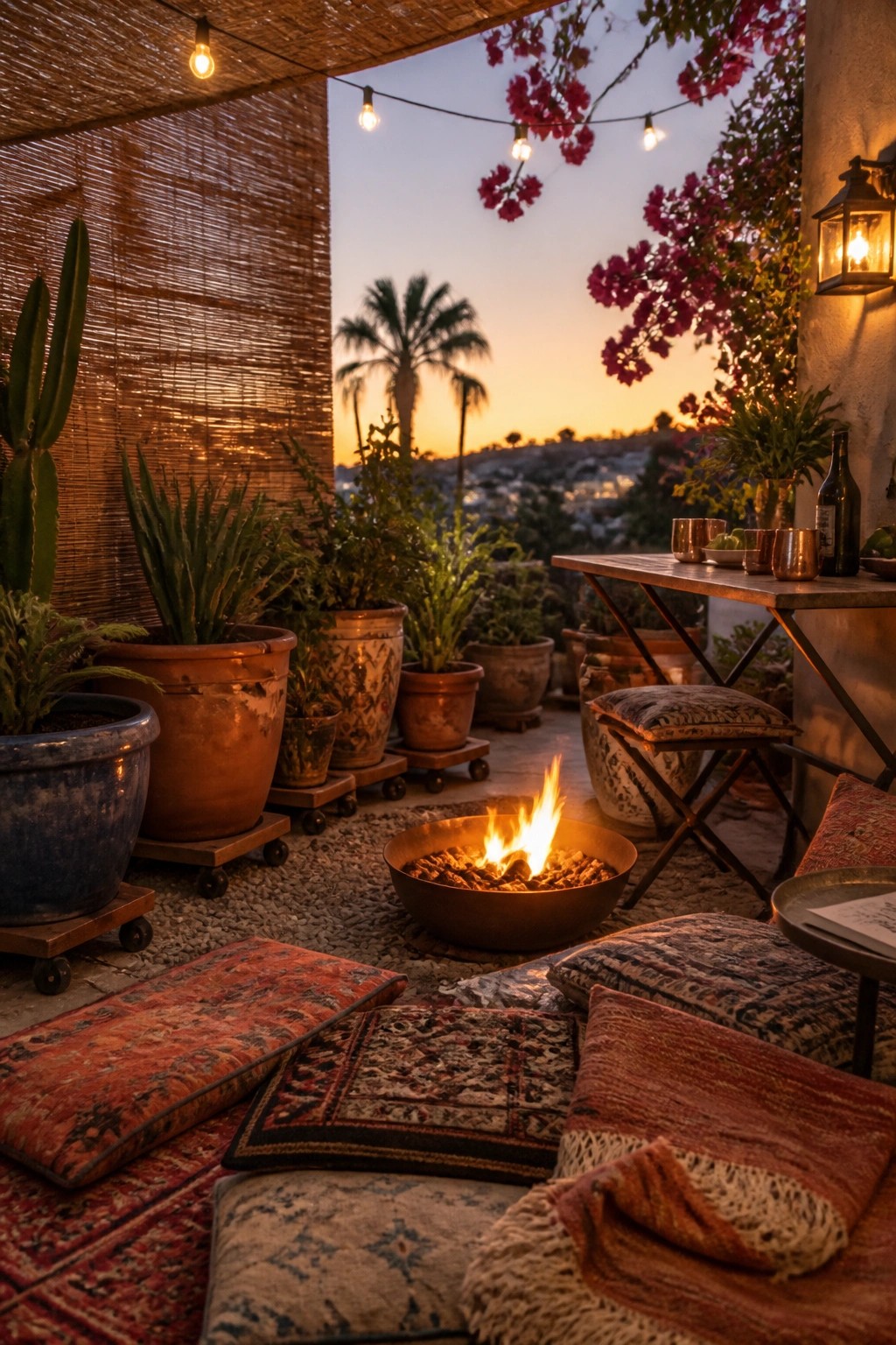 A small outdoor patio with a round metal fire pit surrounded by floor cushions and rugs, potted plants along the edges, string lights overhead, and a table with stools to one side at dusk.