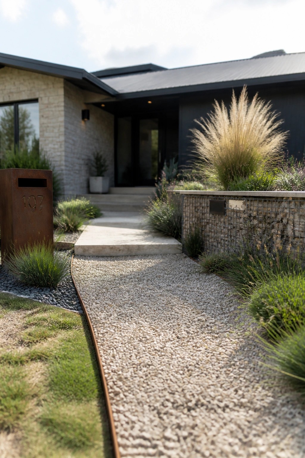 A gravel pathway with metal edging leads toward the front entrance of a modern house, bordered by grasses and a gabion wall.