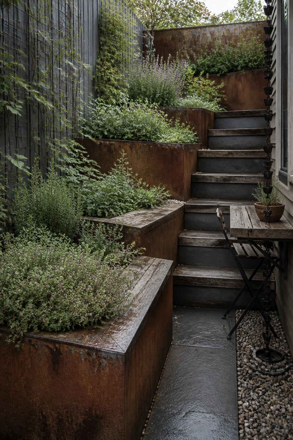 Rusted metal planters with lush plants beside wooden garden stairs and table.